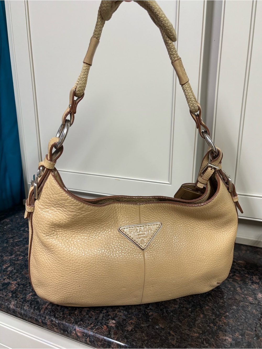 Prada Beige Pebbled Leather Hobo with Braided Strap